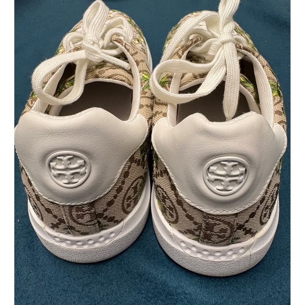 Tory Burch Howell Court T Monogram Daisy Embroidered Sneakers Beige Brown Size 9 - Picture 2 of 4